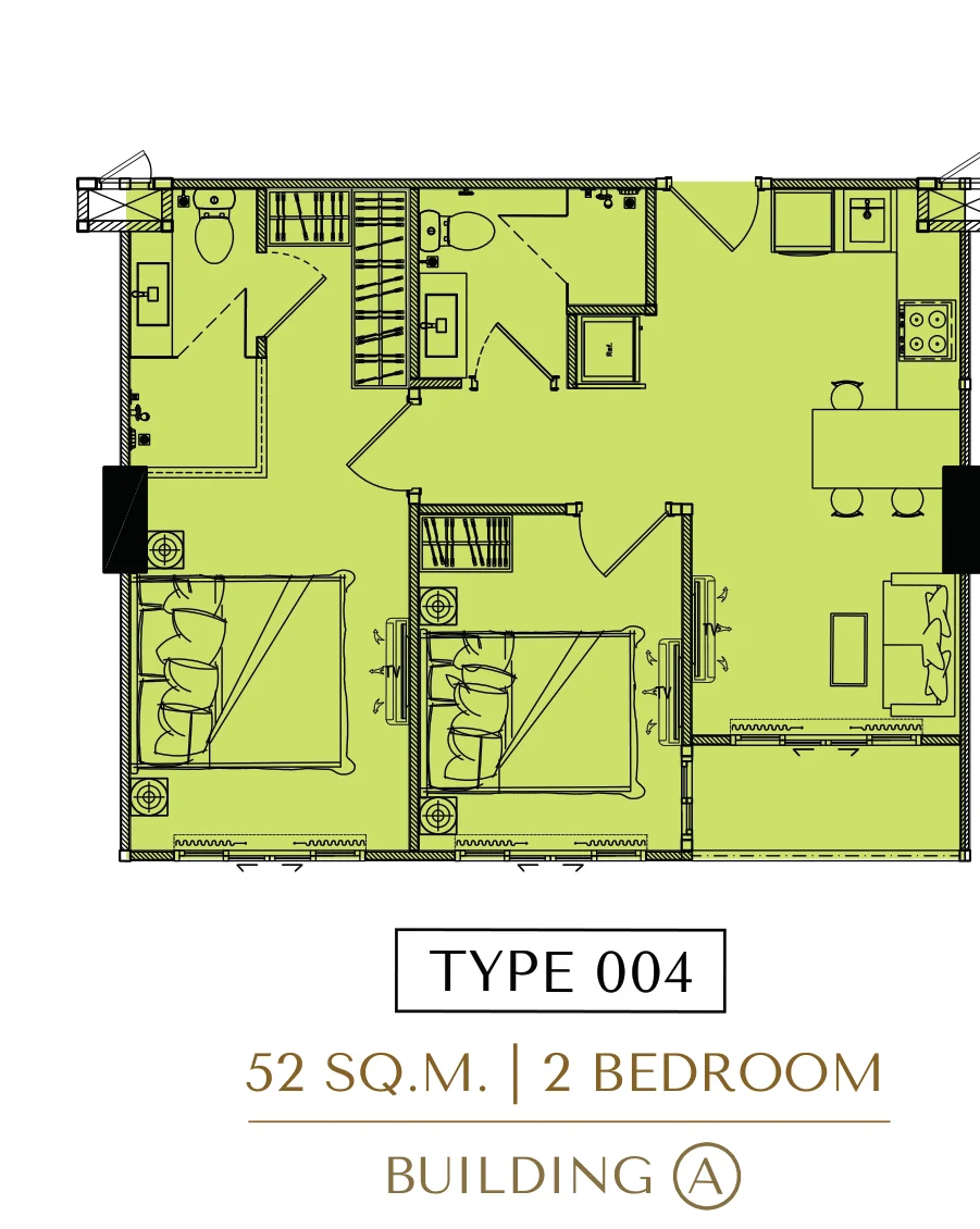 Планировка Love It Wongamat Type 004 с двумя спальнями площадью 52 м²