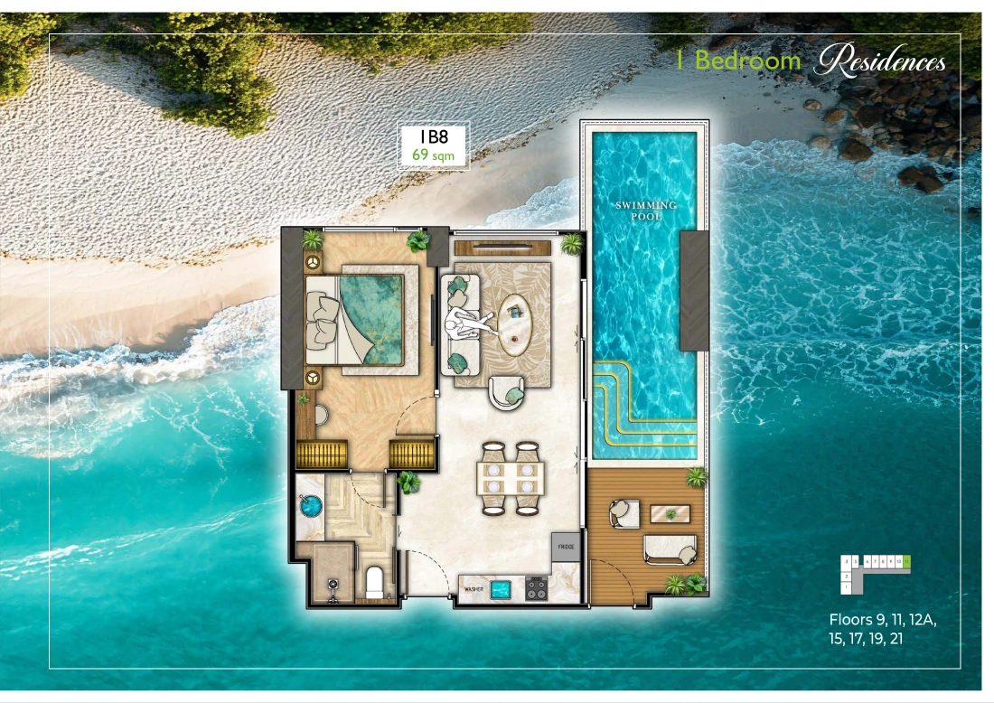 Планировка Riviera Palm Beach 1B8, 69 м²: спальня слева, гостиная и бассейн справа