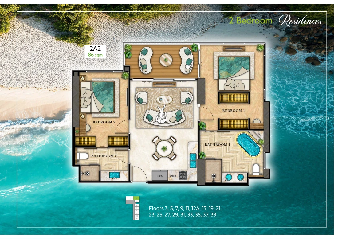 Планировка Riviera Palm Beach 2A2, 86 м²: спальни по сторонам гостиной, широкий балкон и ванна